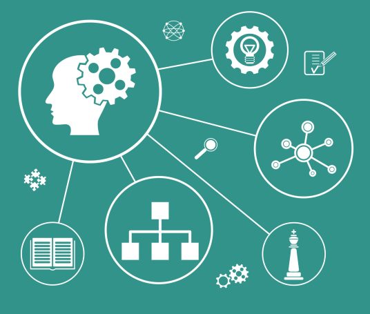 Illustration d'un cerveau avec des engrenages et des symboles d'idées et de connections.